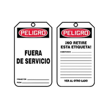 Accuform Spanish Safety Tags, DANGER OUT OF SERVICE, 5.75in x 3.25in, RP-Plastic, 25PK SHMDT246PTP